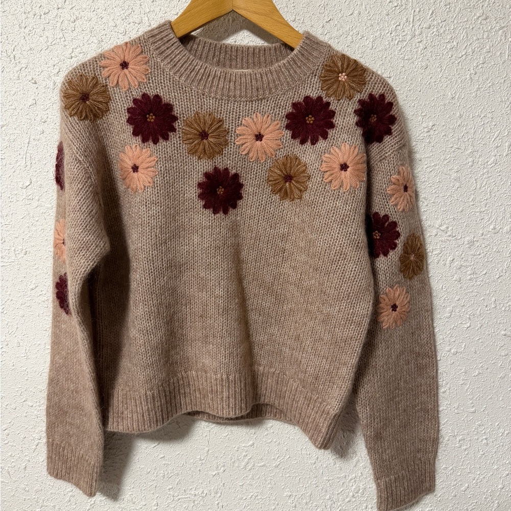 Sezane Suzon Jumper Mottled Beige Kid Mohair Medium Embroidered Floral